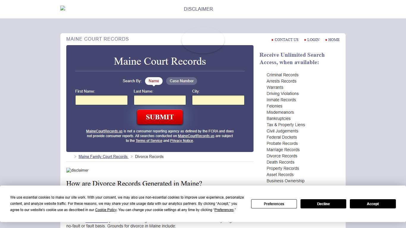 Maine Divorce Records Search | MaineCourtRecords.us